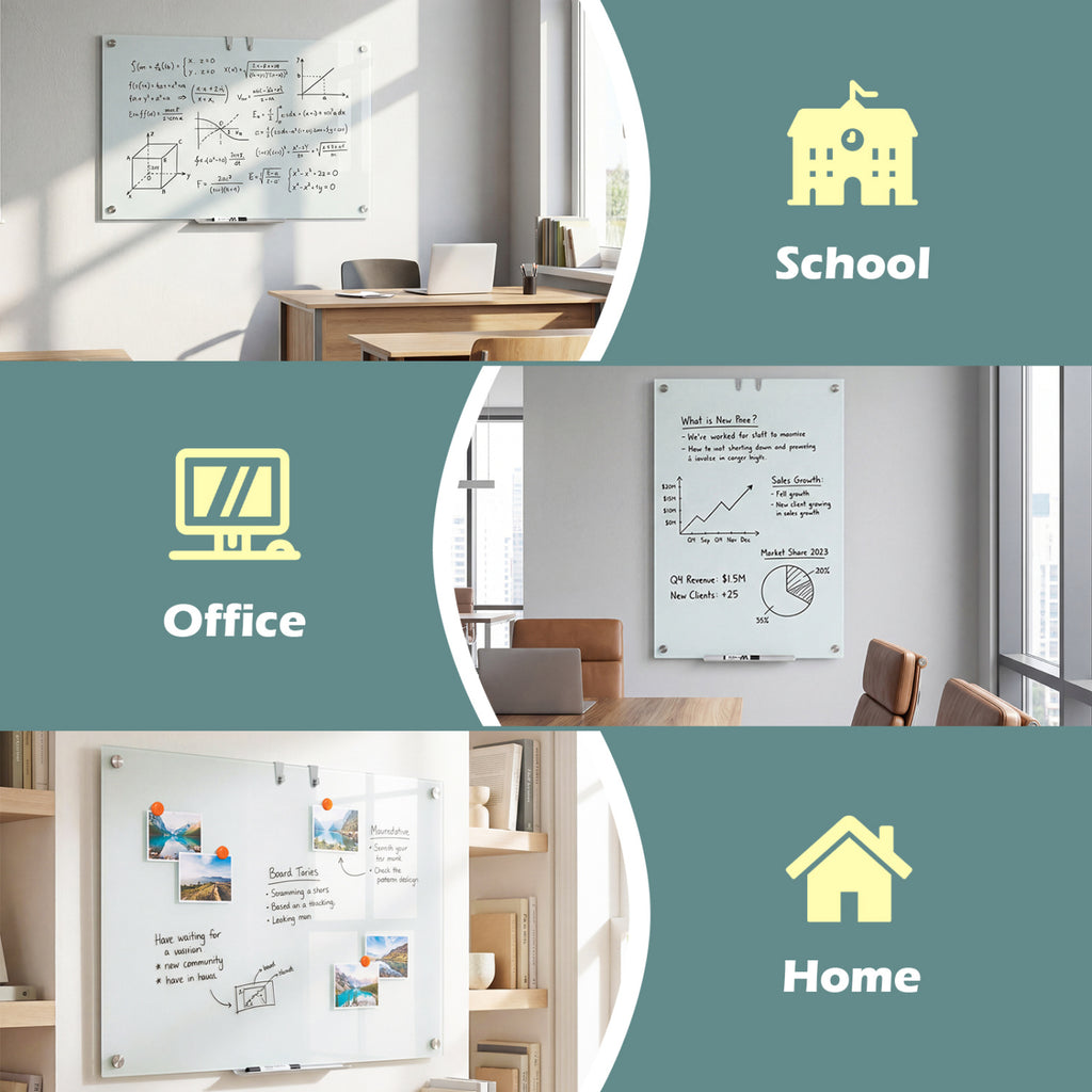 36 x 24 Inches Glass Whiteboard with Eraser and Removable Tray
