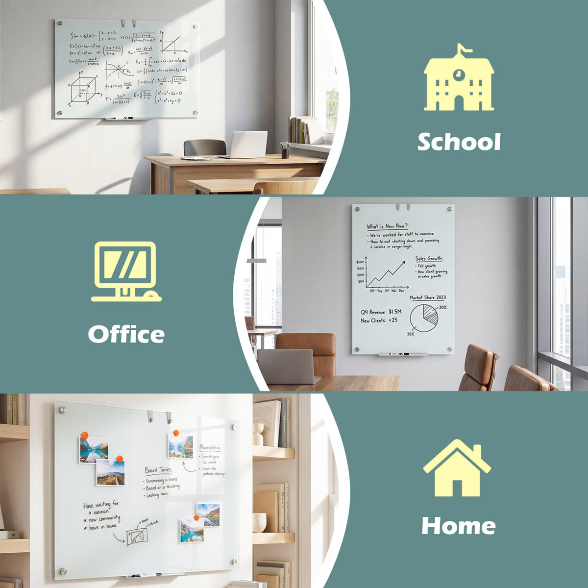 36 x 24 Inches Glass Whiteboard with Eraser and Removable Tray