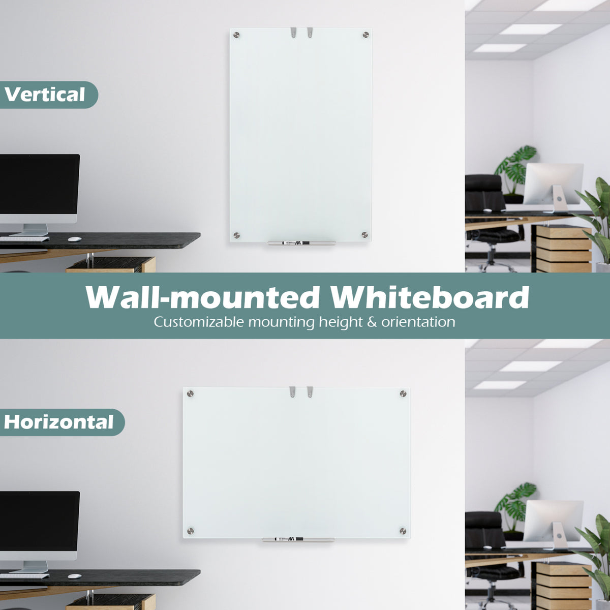 36 x 24 Inches Glass Whiteboard with Eraser and Removable Tray