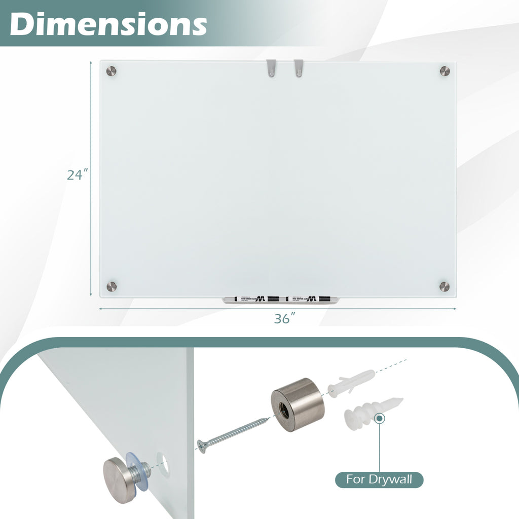 36 x 24 Inches Glass Whiteboard with Eraser and Removable Tray