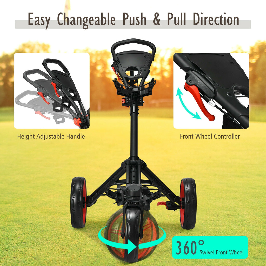 Red 3 Wheel Folding Golf Push Cart with Scoreboard & Adjustable Handle