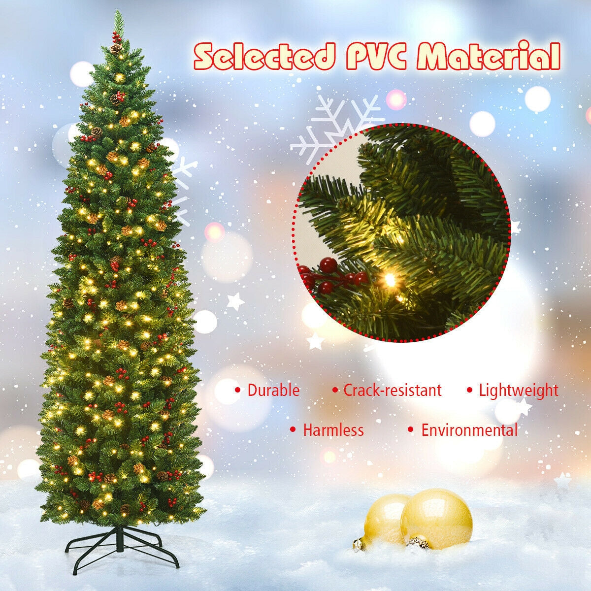 7.5 Ft Pre-Lit Slim Christmas Tree with Pine Cones & Red Berries