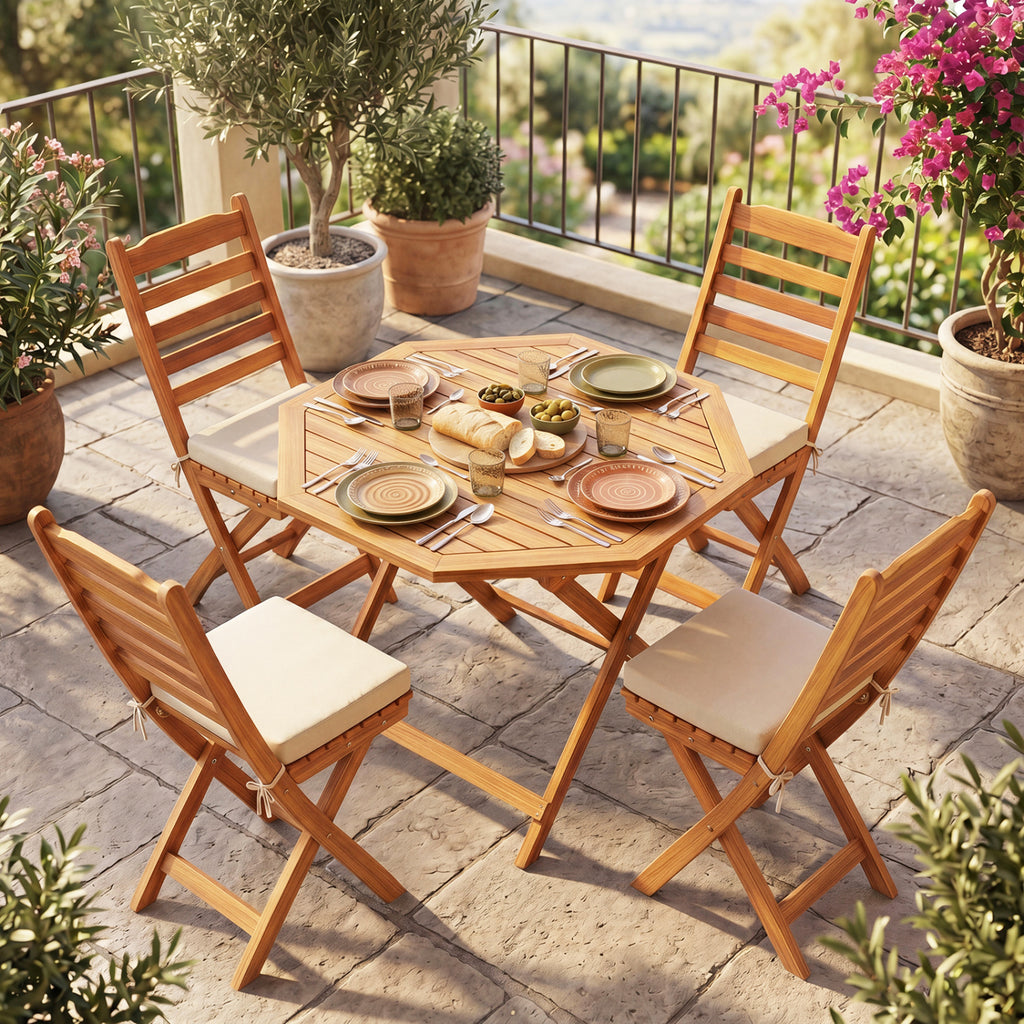 Acacia Wood Outdoor Folding Dining Table for 4 Octagonal with Slatted