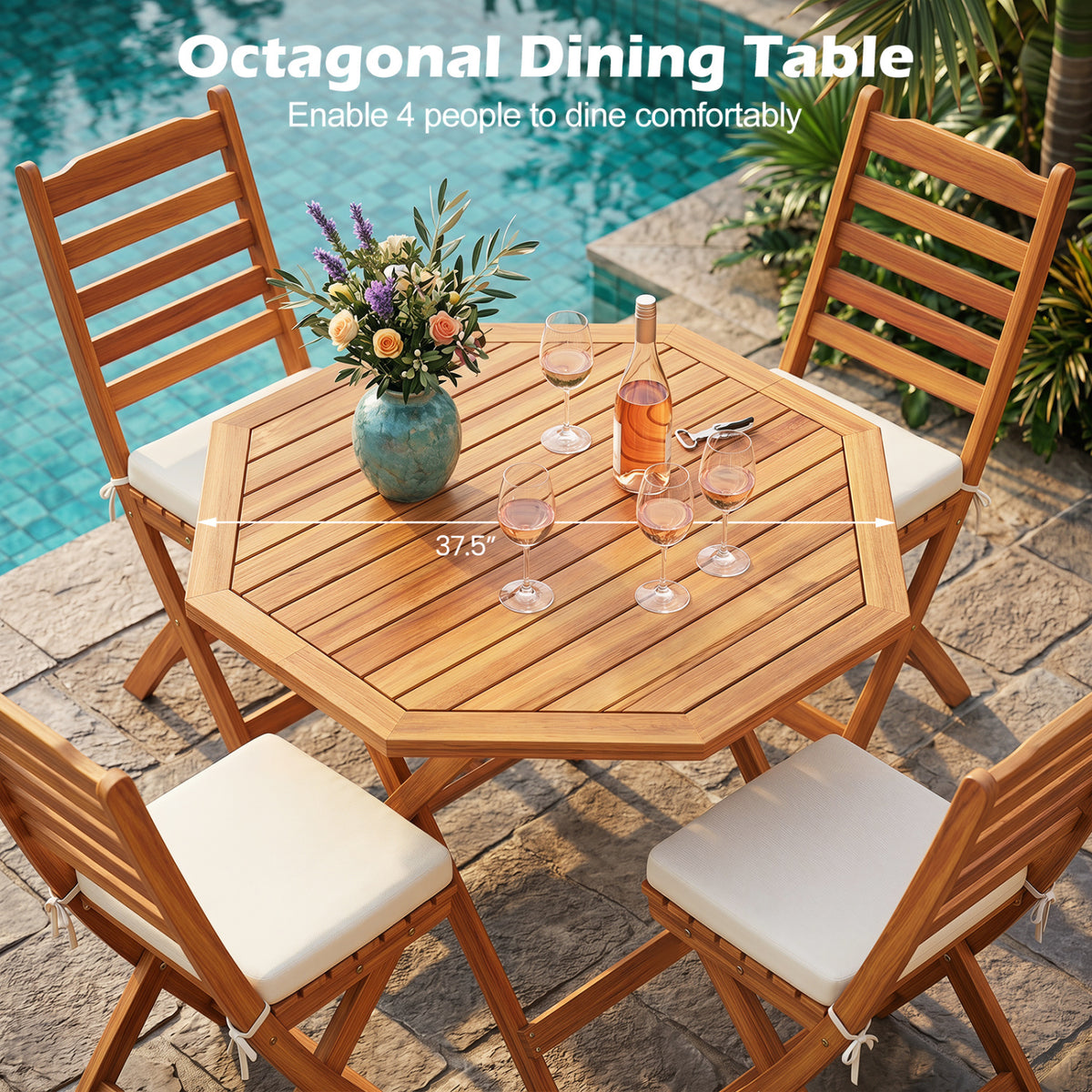 Acacia Wood Outdoor Folding Dining Table for 4 Octagonal with Slatted