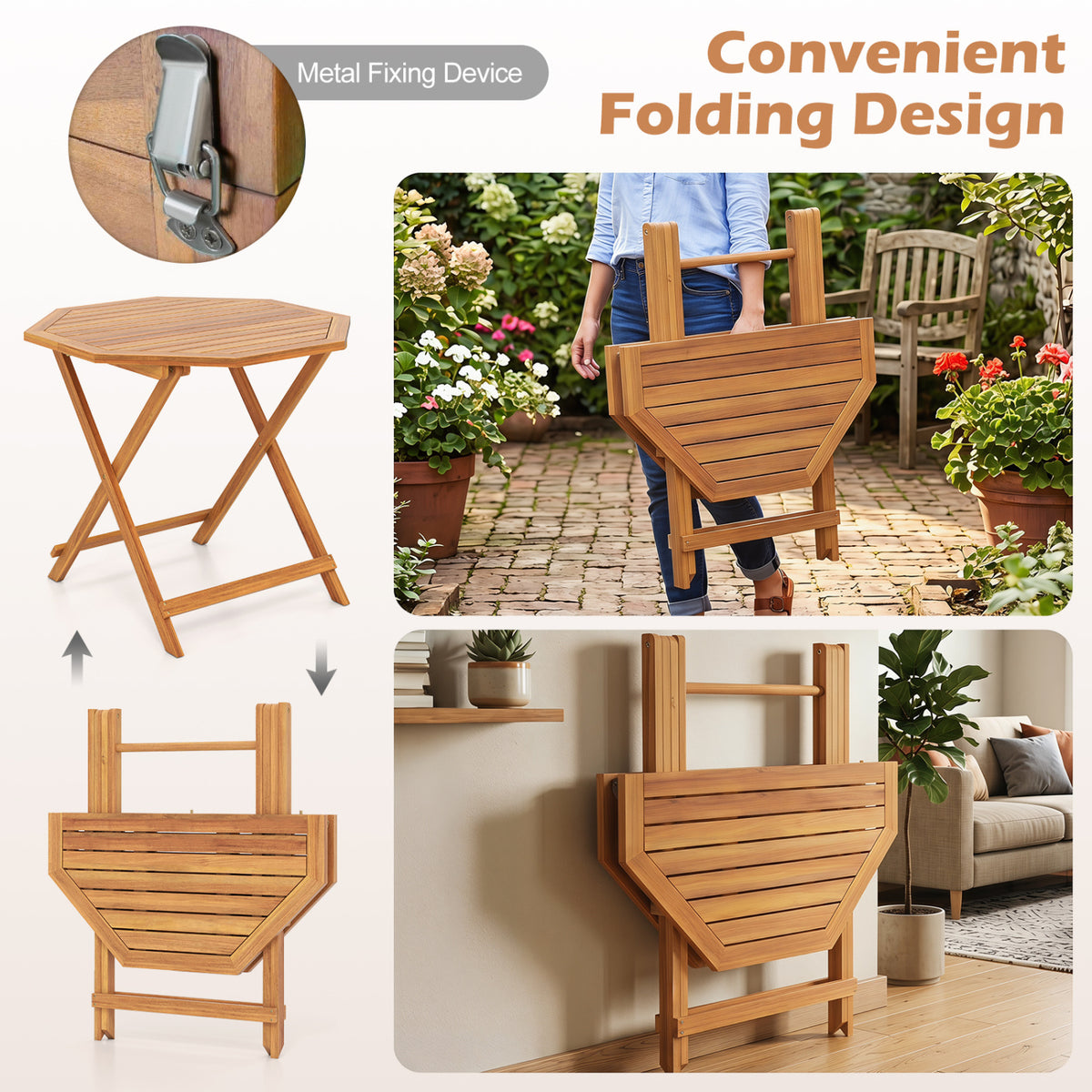 Acacia Wood Outdoor Folding Dining Table for 4 Octagonal with Slatted