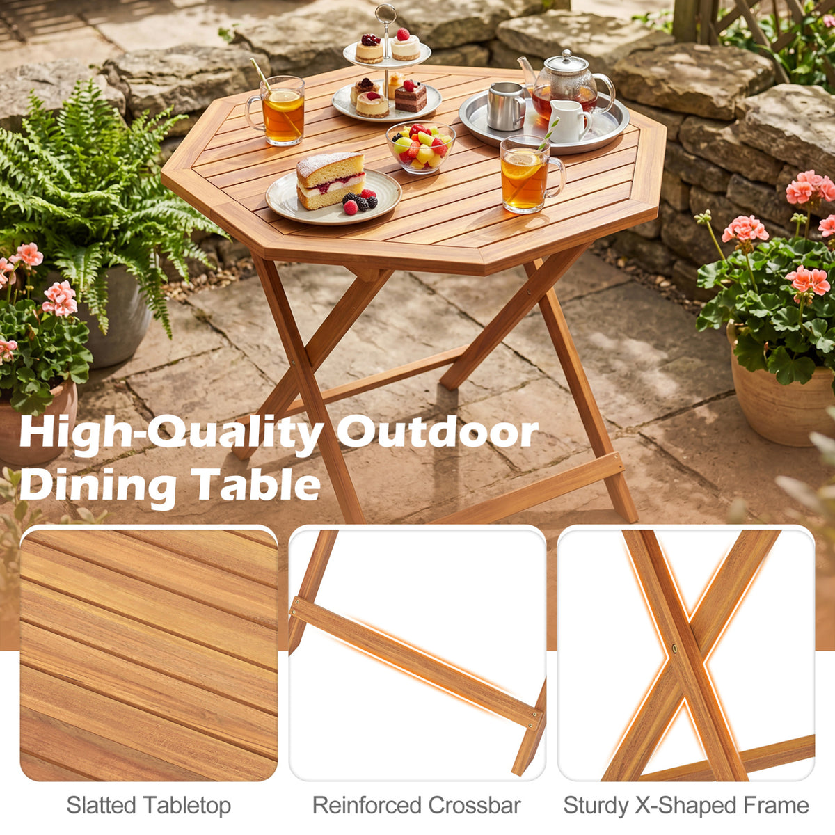 Acacia Wood Outdoor Folding Dining Table for 4 Octagonal with Slatted