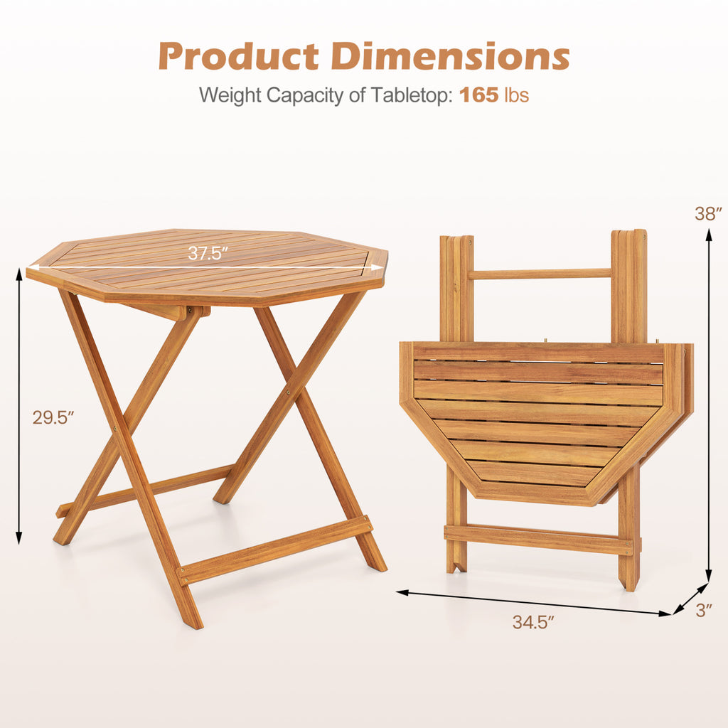 Acacia Wood Outdoor Folding Dining Table for 4 Octagonal with Slatted