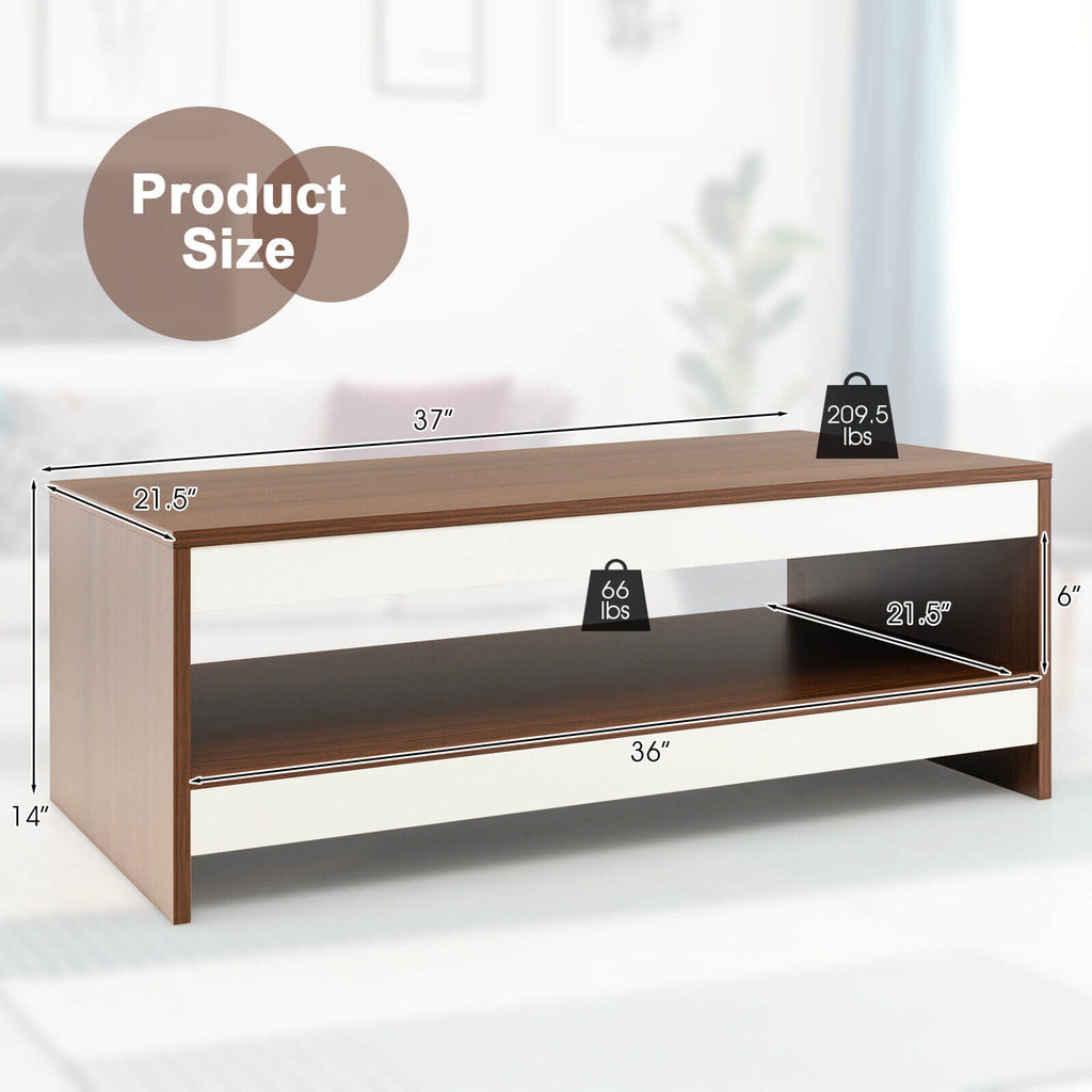 37 Inch Wooden Coffee Table with Storage Shelf - Walnut