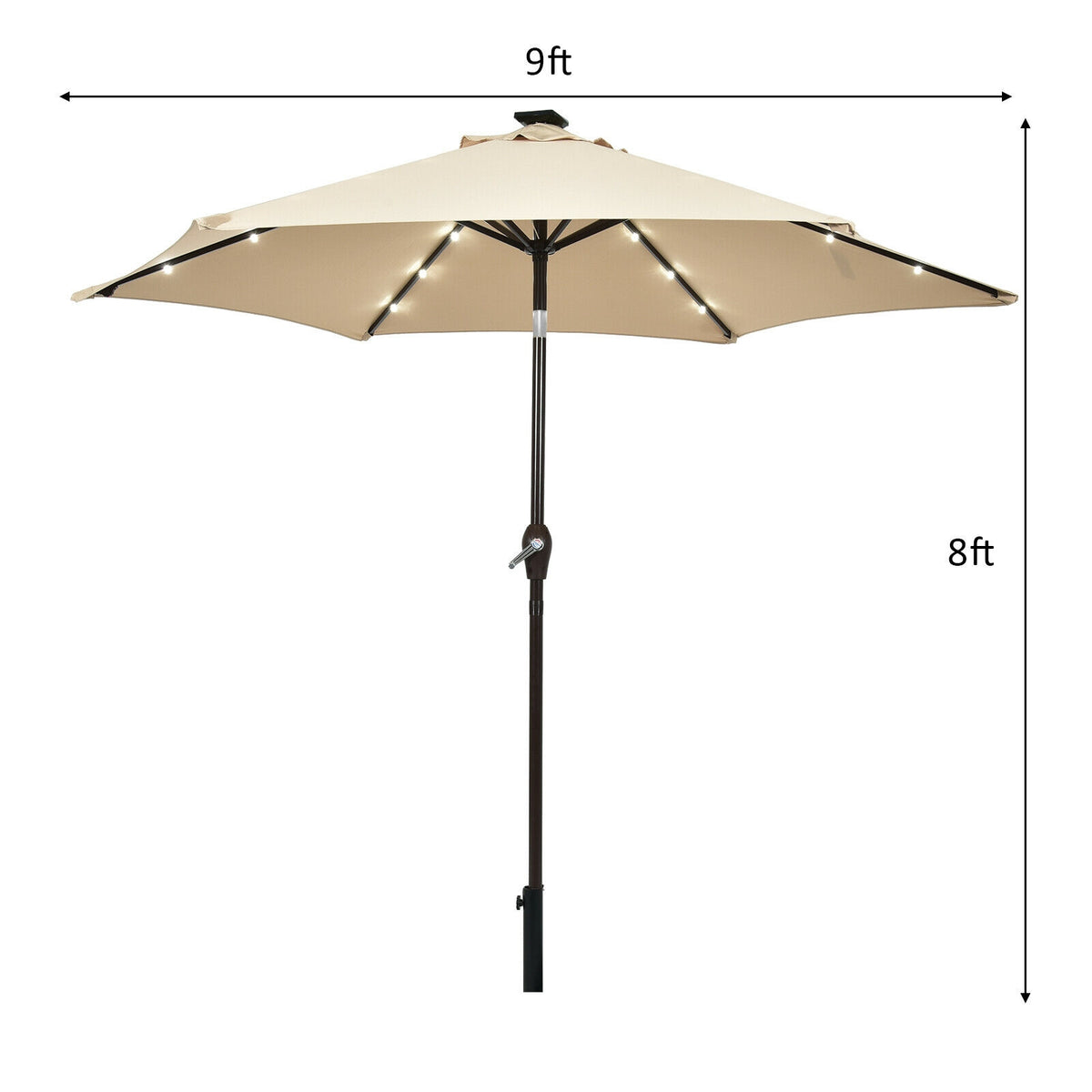 9 x 8 Feet Solar LED Market Umbrella with Tilt & Crank - 18 Lights, Beige