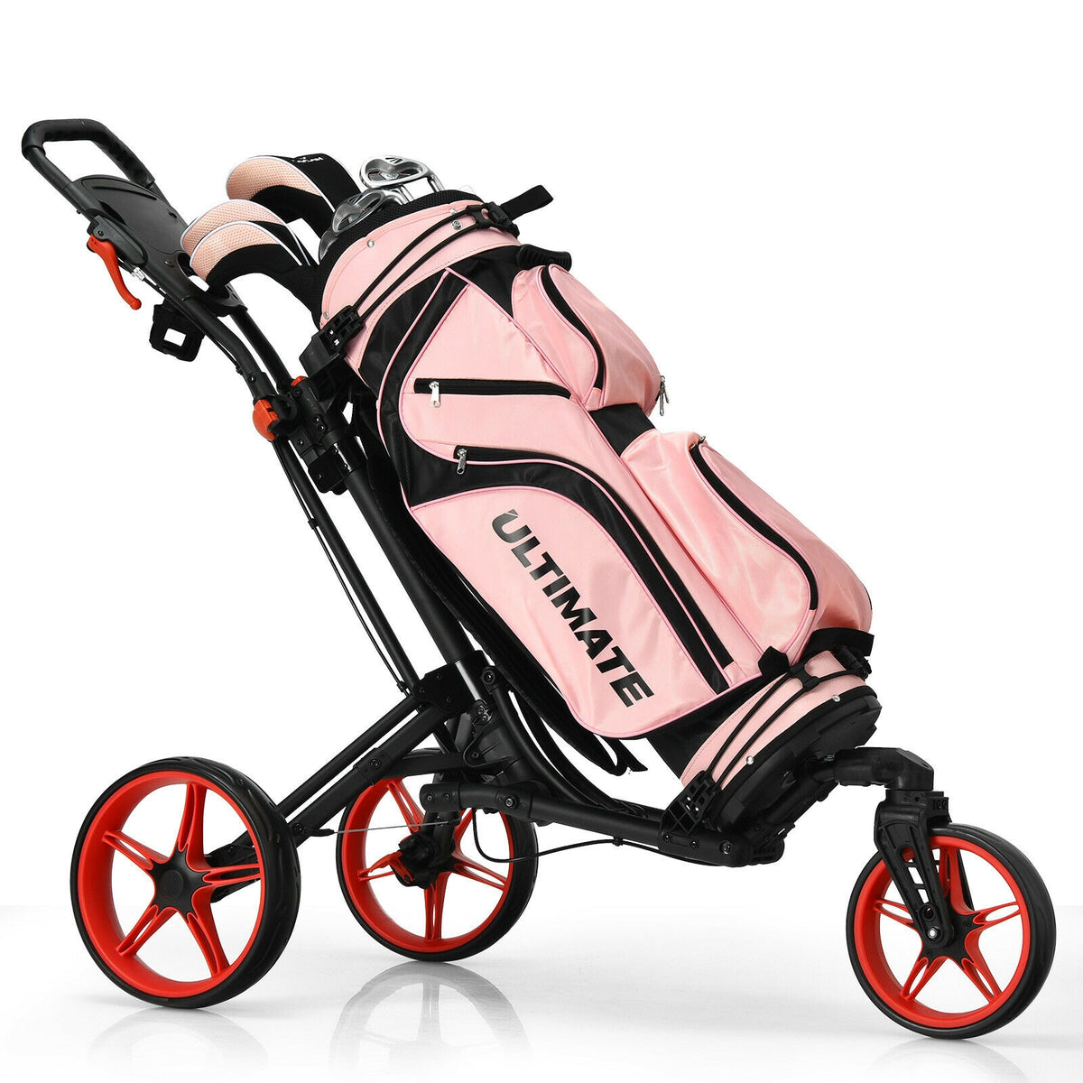 Red 3 Wheel Folding Golf Push Cart with Scoreboard & Adjustable Handle
