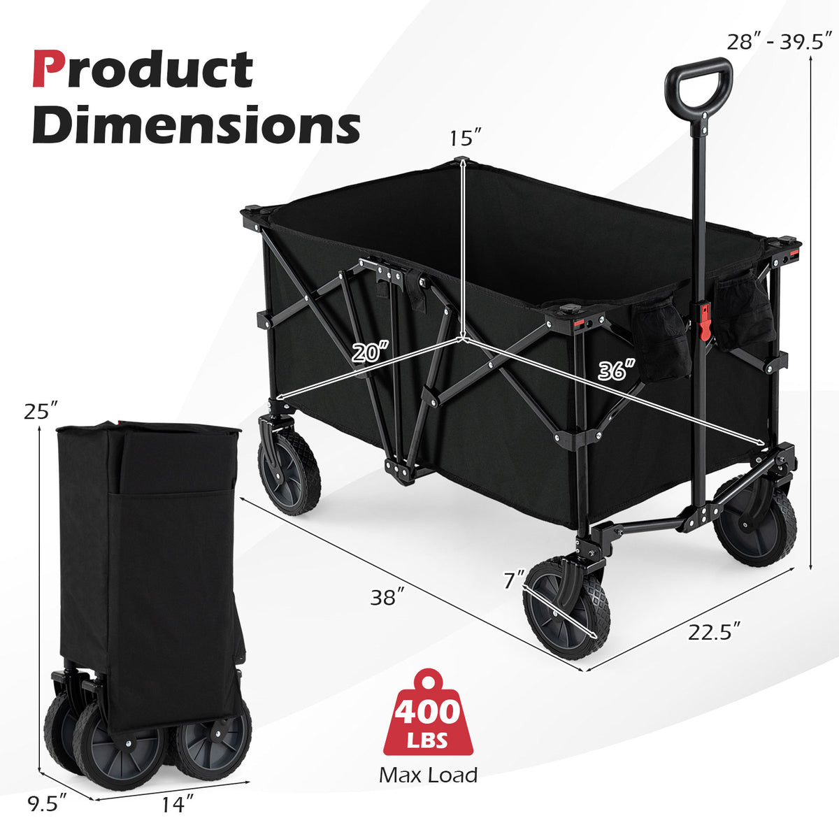 38 Inch 400 LBS Heavy-Duty Collapsible Wagon Cart with Adjustable