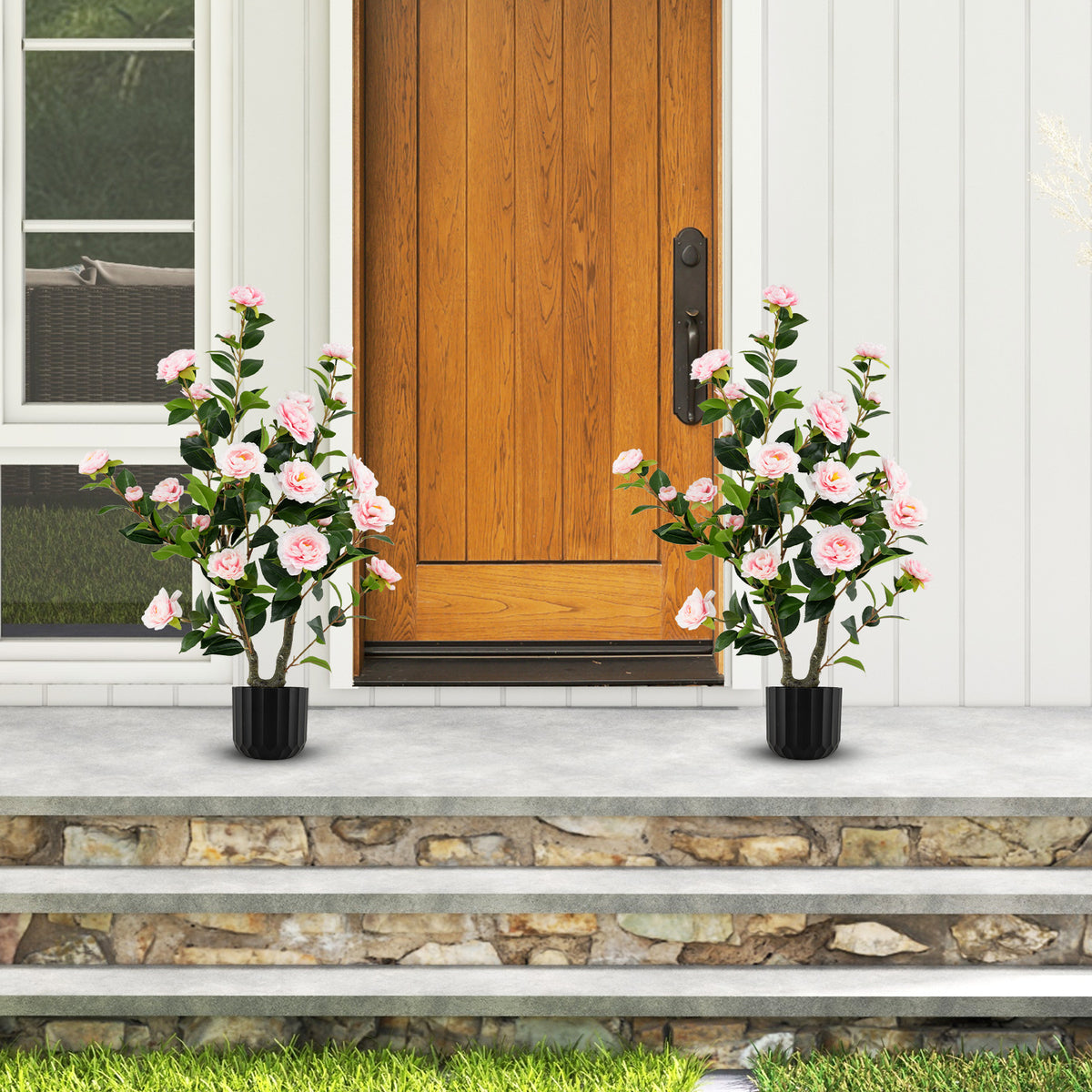 Artificial Camellia Tree 38 Inch Pink Faux Flower Plant in Cement Pot - 2 Pack