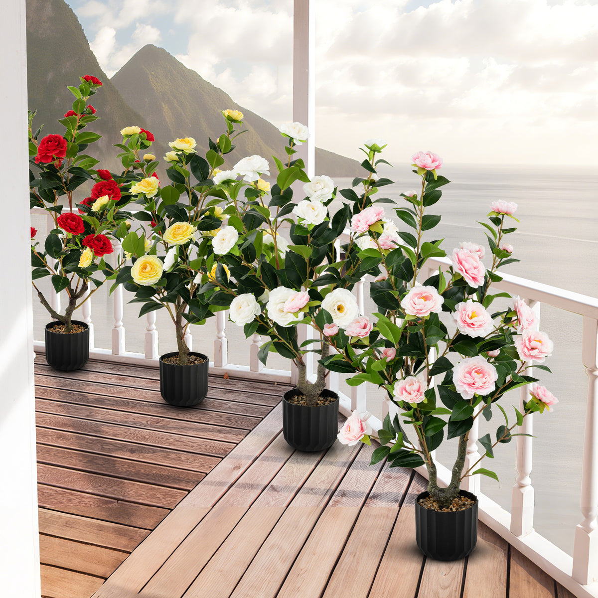 Artificial Camellia Tree 38 Inch Pink Faux Flower Plant in Cement Pot - 2 Pack