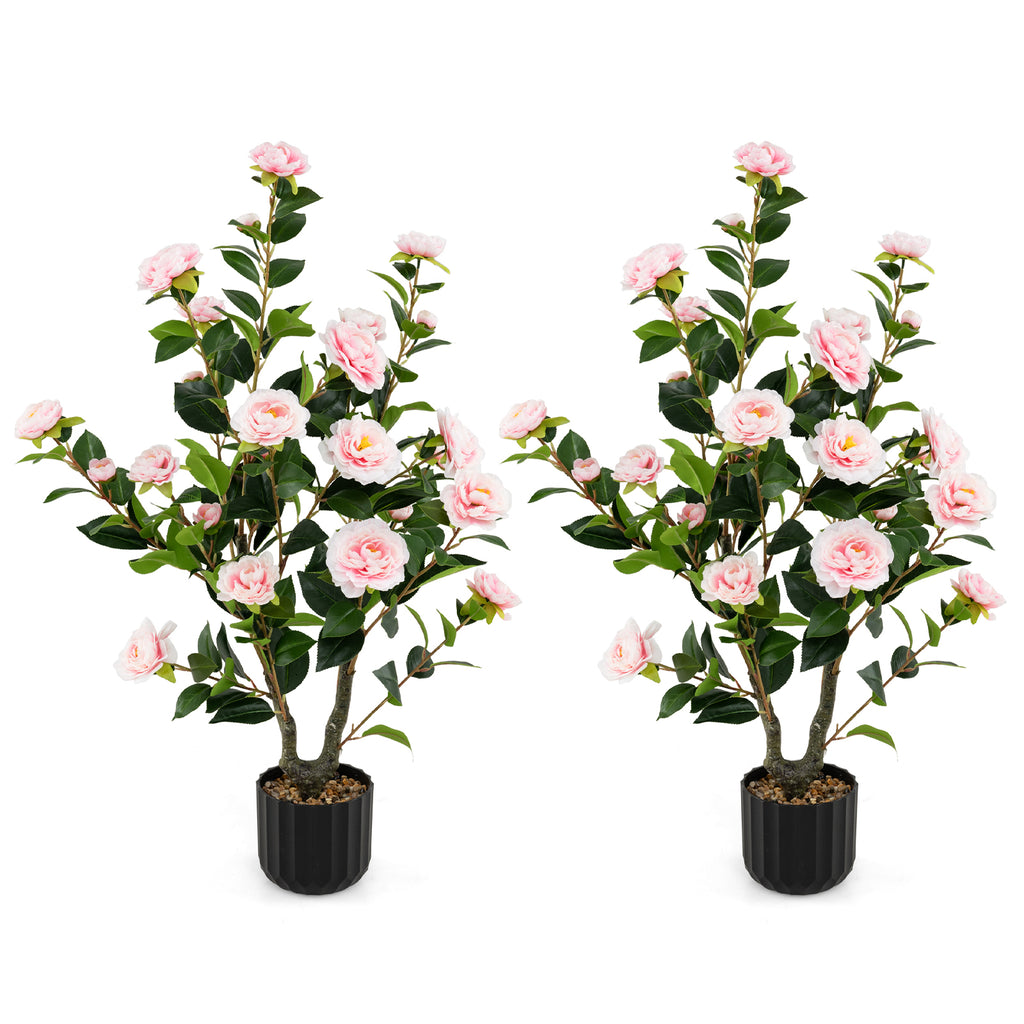 Artificial Camellia Tree 38 Inch Pink Faux Flower Plant in Cement Pot - 2 Pack
