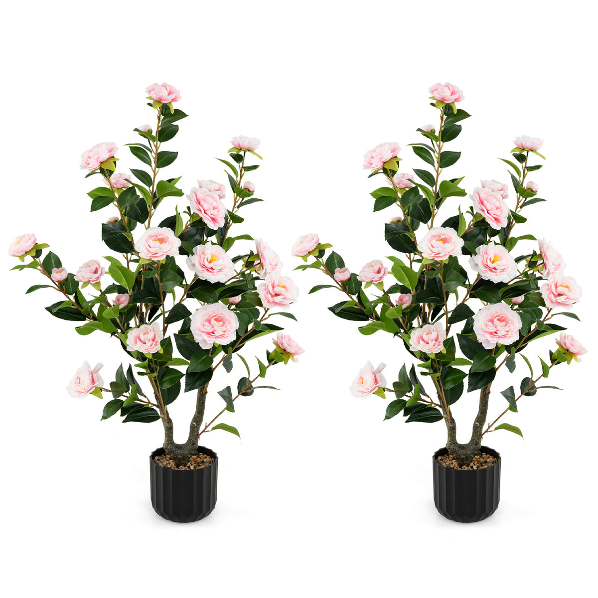 Artificial Camellia Tree 38 Inch Pink Faux Flower Plant in Cement Pot - 2 Pack