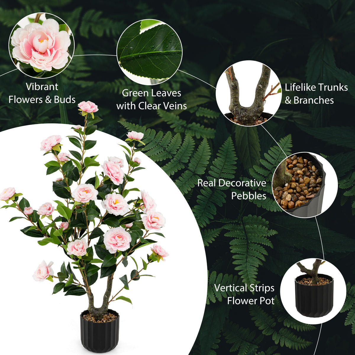 Artificial Camellia Tree 38 Inch Pink Faux Flower Plant in Cement Pot - 2 Pack