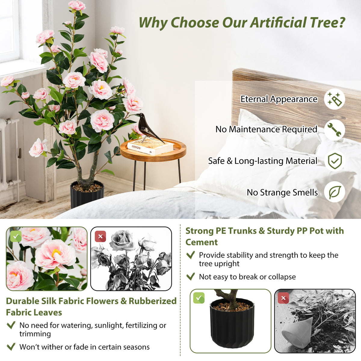 Artificial Camellia Tree 38 Inch Pink Faux Flower Plant in Cement Pot - 2 Pack