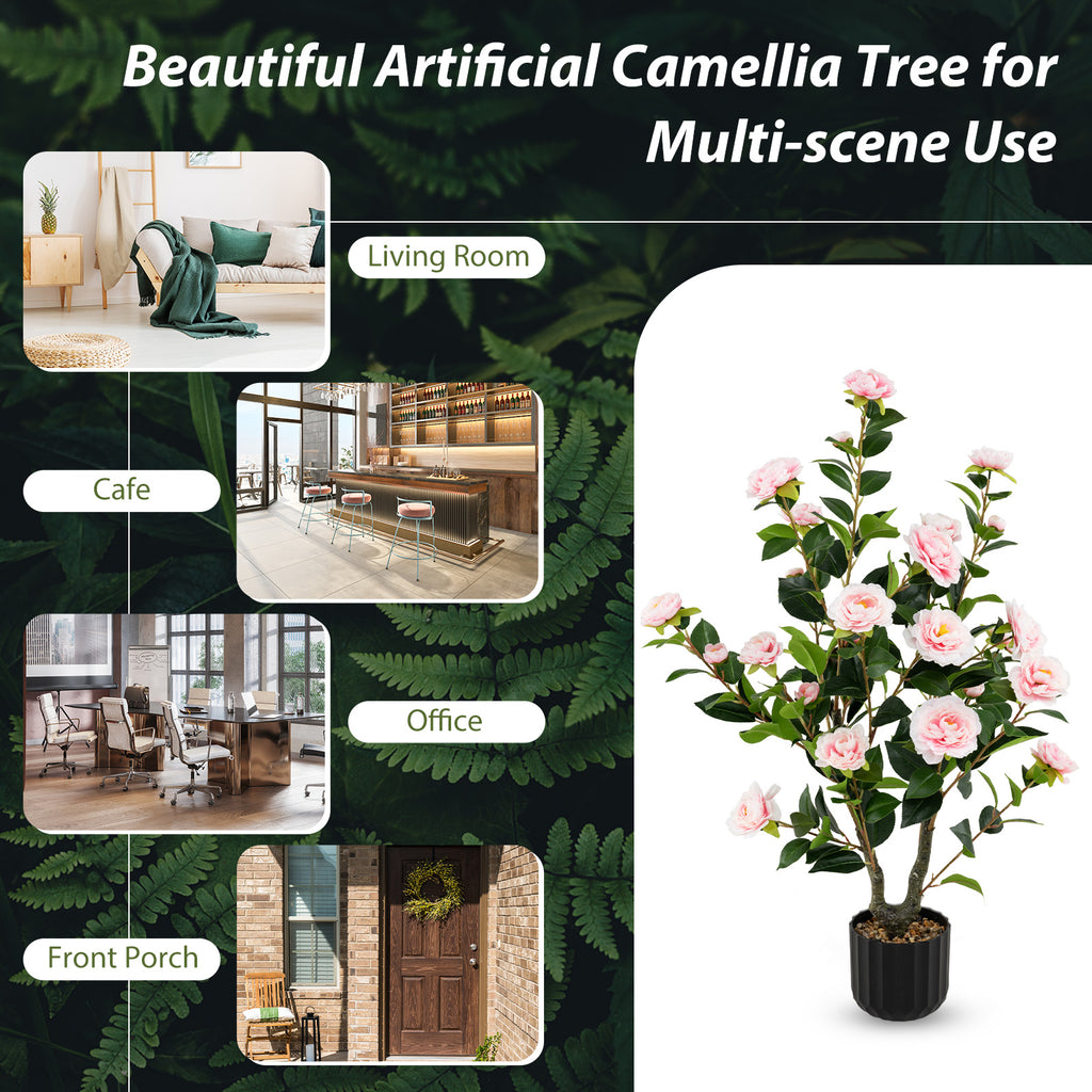 Artificial Camellia Tree 38 Inch Pink Faux Flower Plant in Cement Pot - 2 Pack