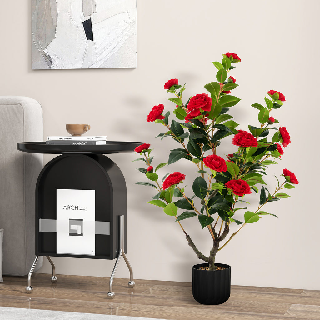 Artificial Camellia Tree in Cement Pot - 38 Inch Red Faux Flower Plant - Full & Vibrant