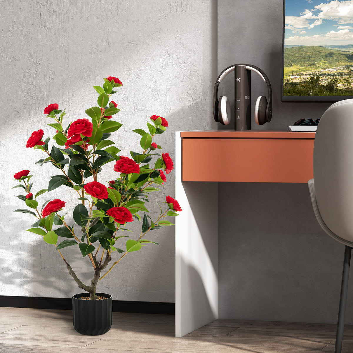 Artificial Camellia Tree in Cement Pot - 38 Inch Red Faux Flower Plant - Full & Vibrant