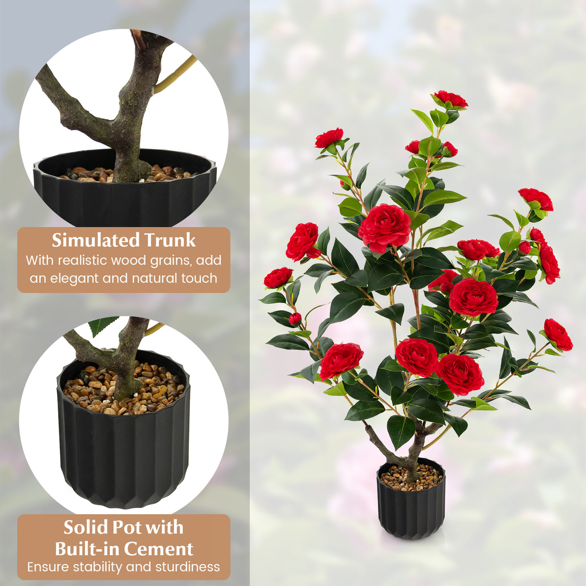 Artificial Camellia Tree in Cement Pot - 38 Inch Red Faux Flower Plant - Full & Vibrant