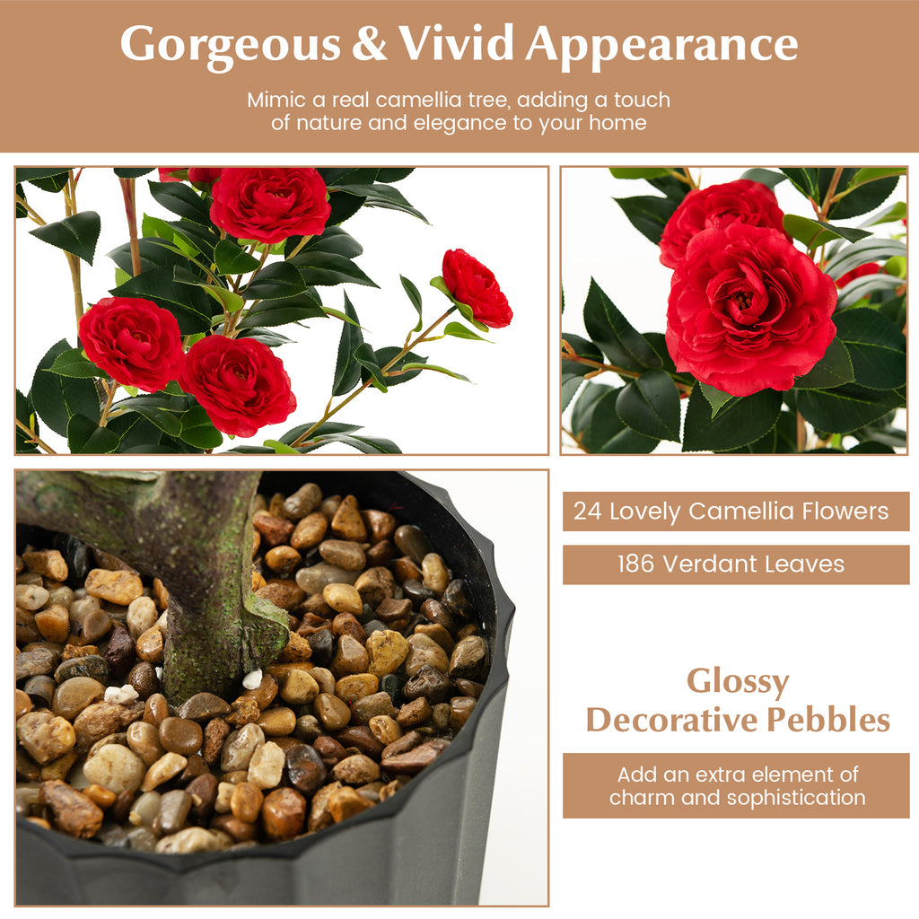 Artificial Camellia Tree in Cement Pot - 38 Inch Red Faux Flower Plant - Full & Vibrant