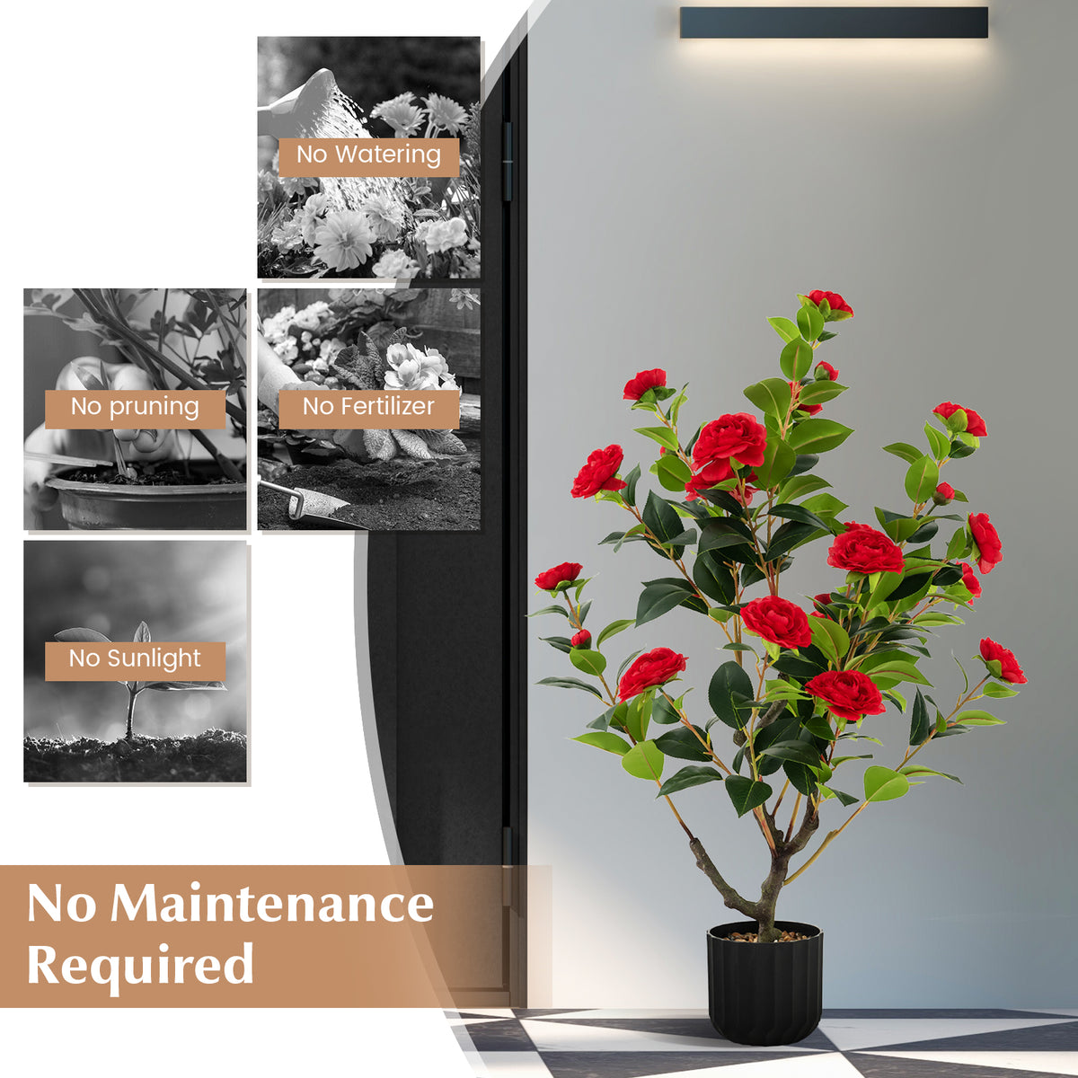 Artificial Camellia Tree in Cement Pot - 38 Inch Red Faux Flower Plant - Full & Vibrant