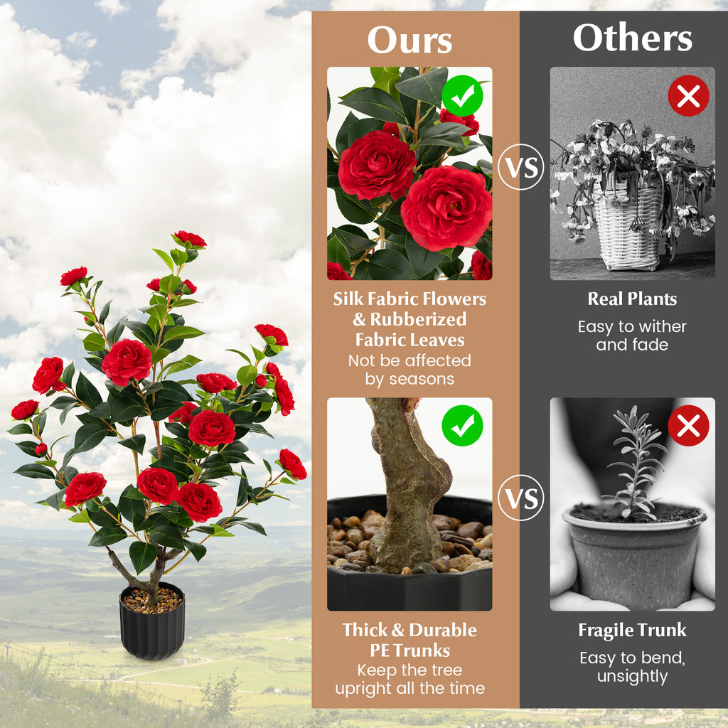 Artificial Camellia Tree in Cement Pot - 38 Inch Red Faux Flower Plant - Full & Vibrant
