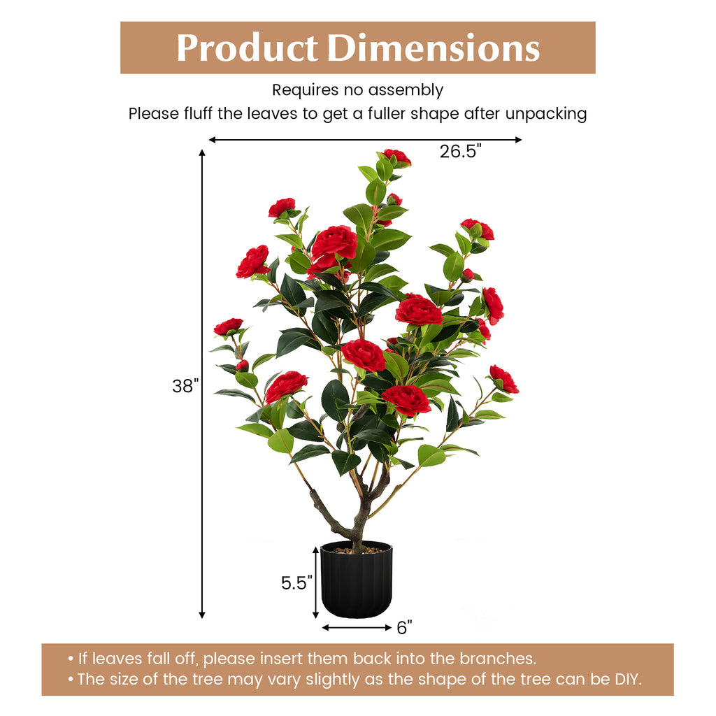 2 Pack 38 Inch Artificial Camellia Tree in Cement Pot - Red Faux Flower Plant