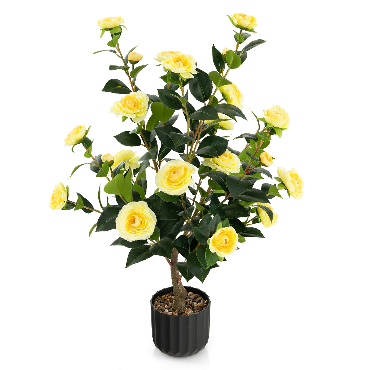 Artificial Camellia Tree 38 Inch with Yellow Flowers in Cement Pot - Faux Plant