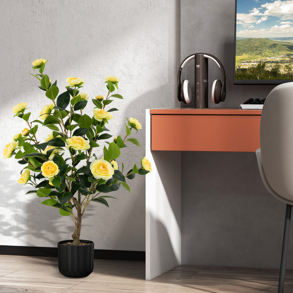 Artificial Camellia Tree 38 Inch with Yellow Flowers in Cement Pot - Faux Plant