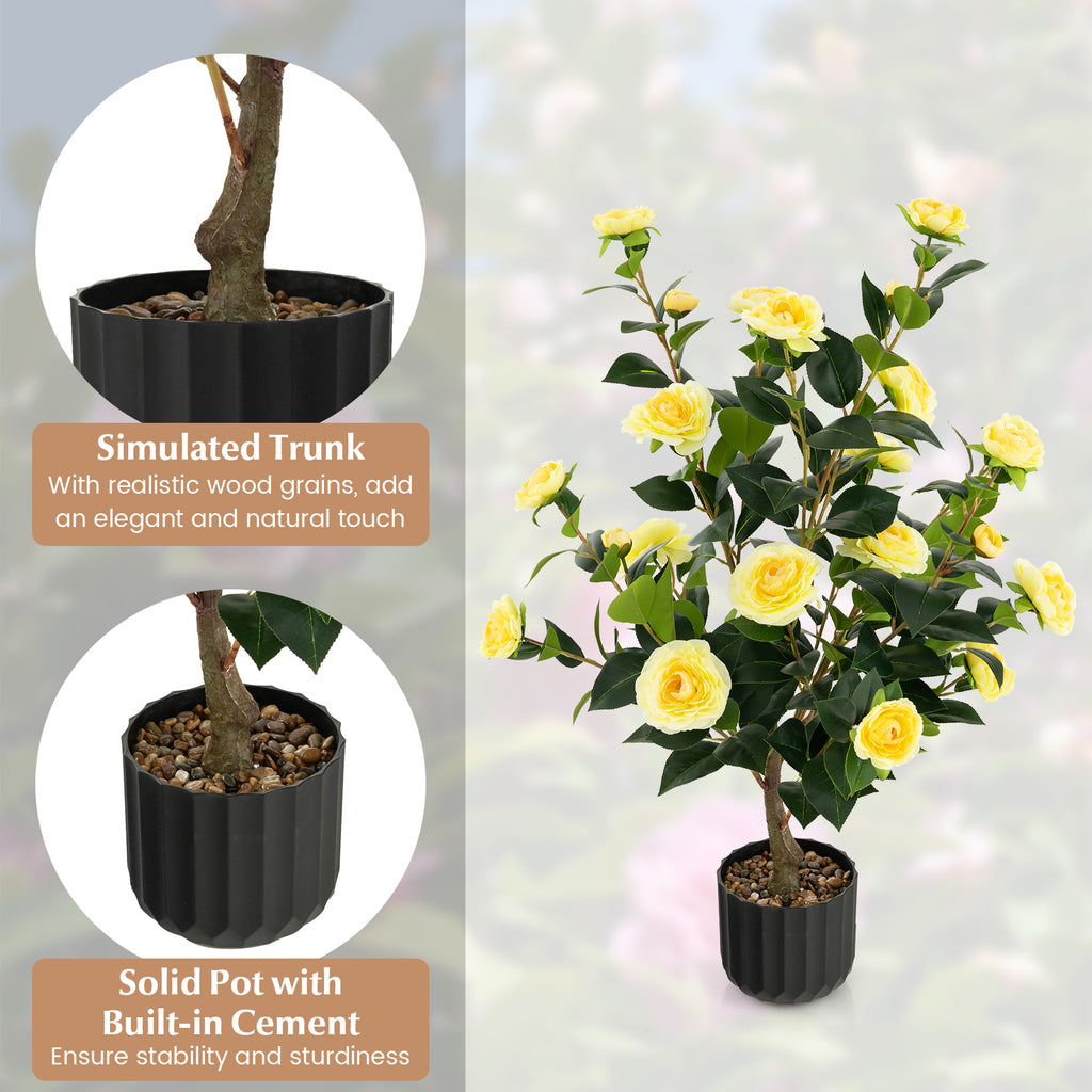 Artificial Camellia Tree 38 Inch with Yellow Flowers in Cement Pot - Faux Plant