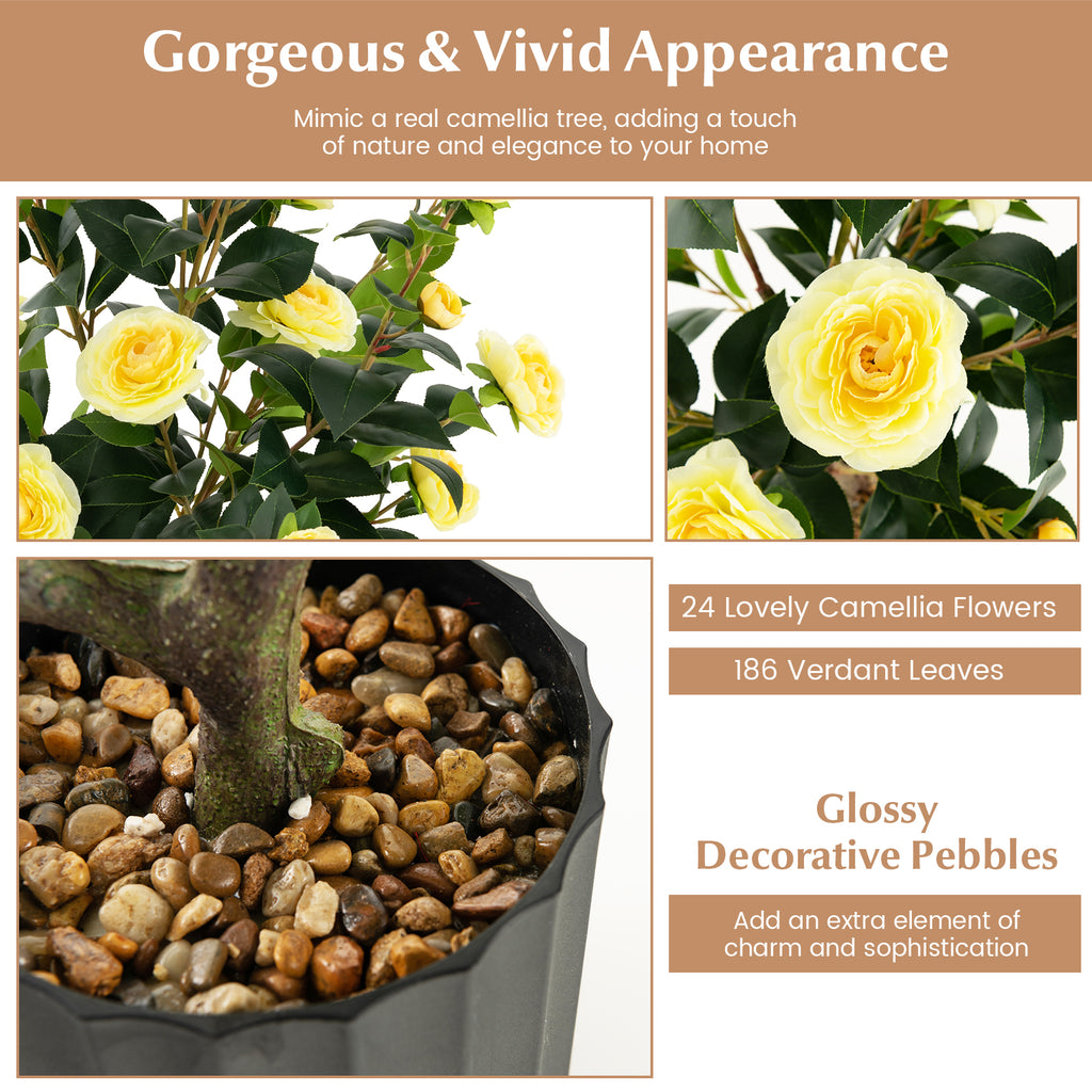 Artificial Camellia Tree 38 Inch with Yellow Flowers in Cement Pot - Faux Plant