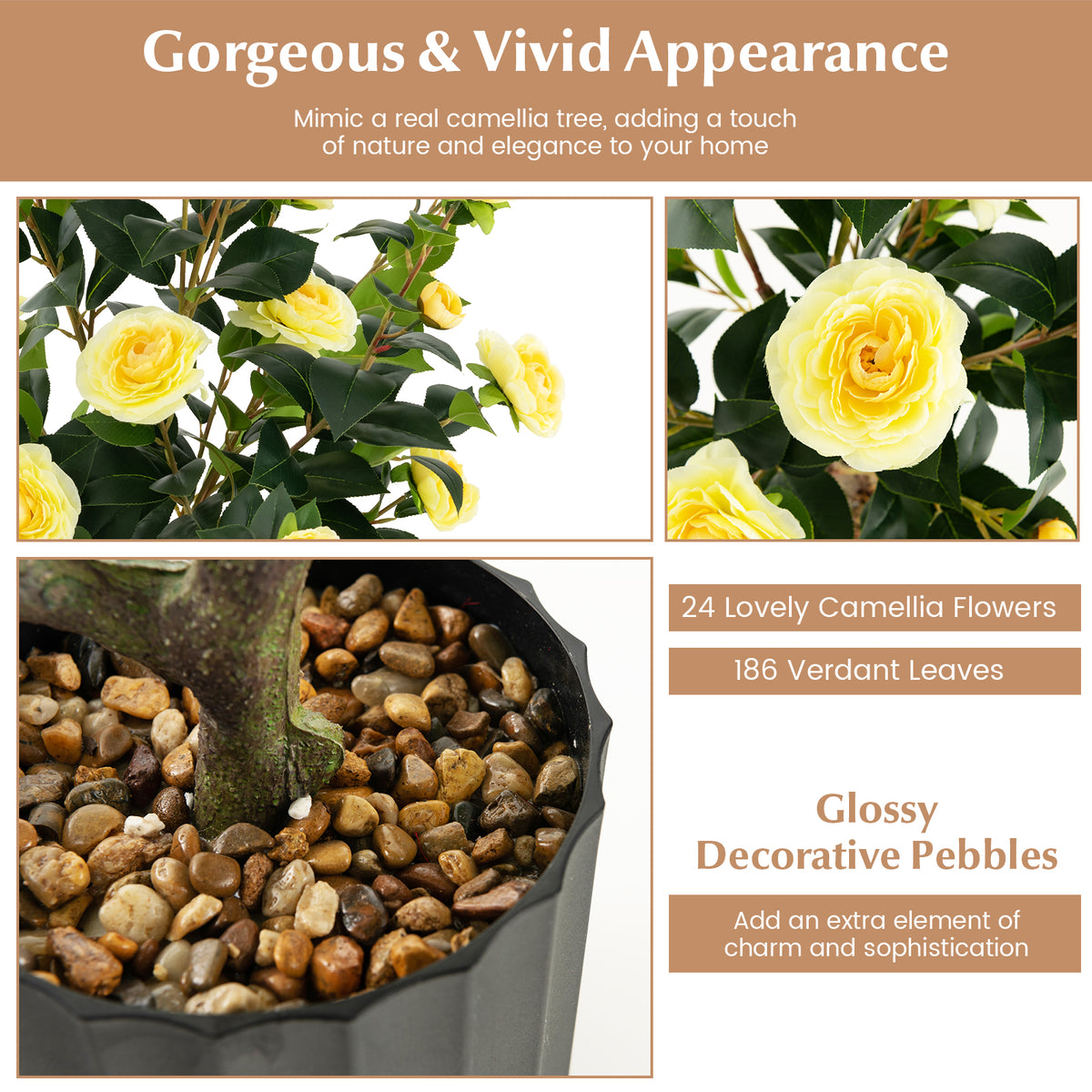 Artificial Camellia Tree 38 Inch with Yellow Flowers in Cement Pot - Faux Plant