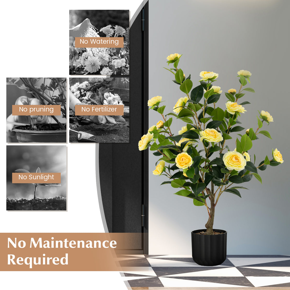 Artificial Camellia Tree 38 Inch with Yellow Flowers in Cement Pot - Faux Plant