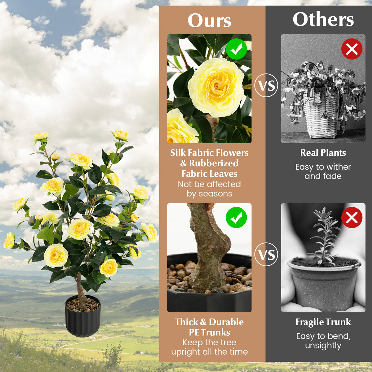 Artificial Camellia Tree 38 Inch with Yellow Flowers in Cement Pot - Faux Plant