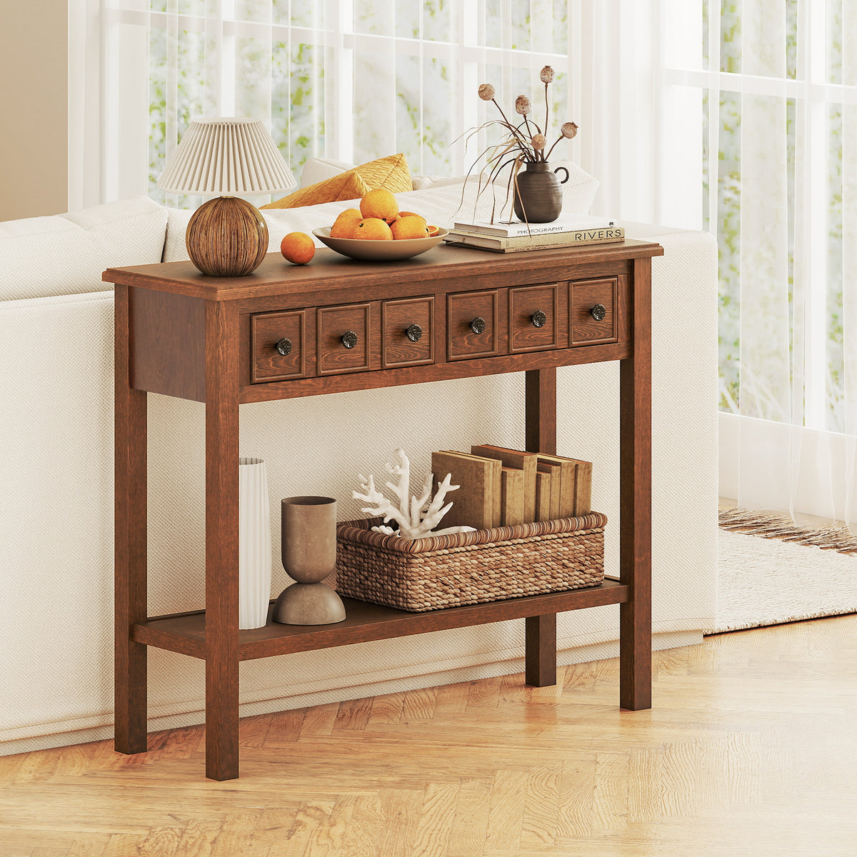 38" Rustic Console Table with 2 Drawers, Espresso