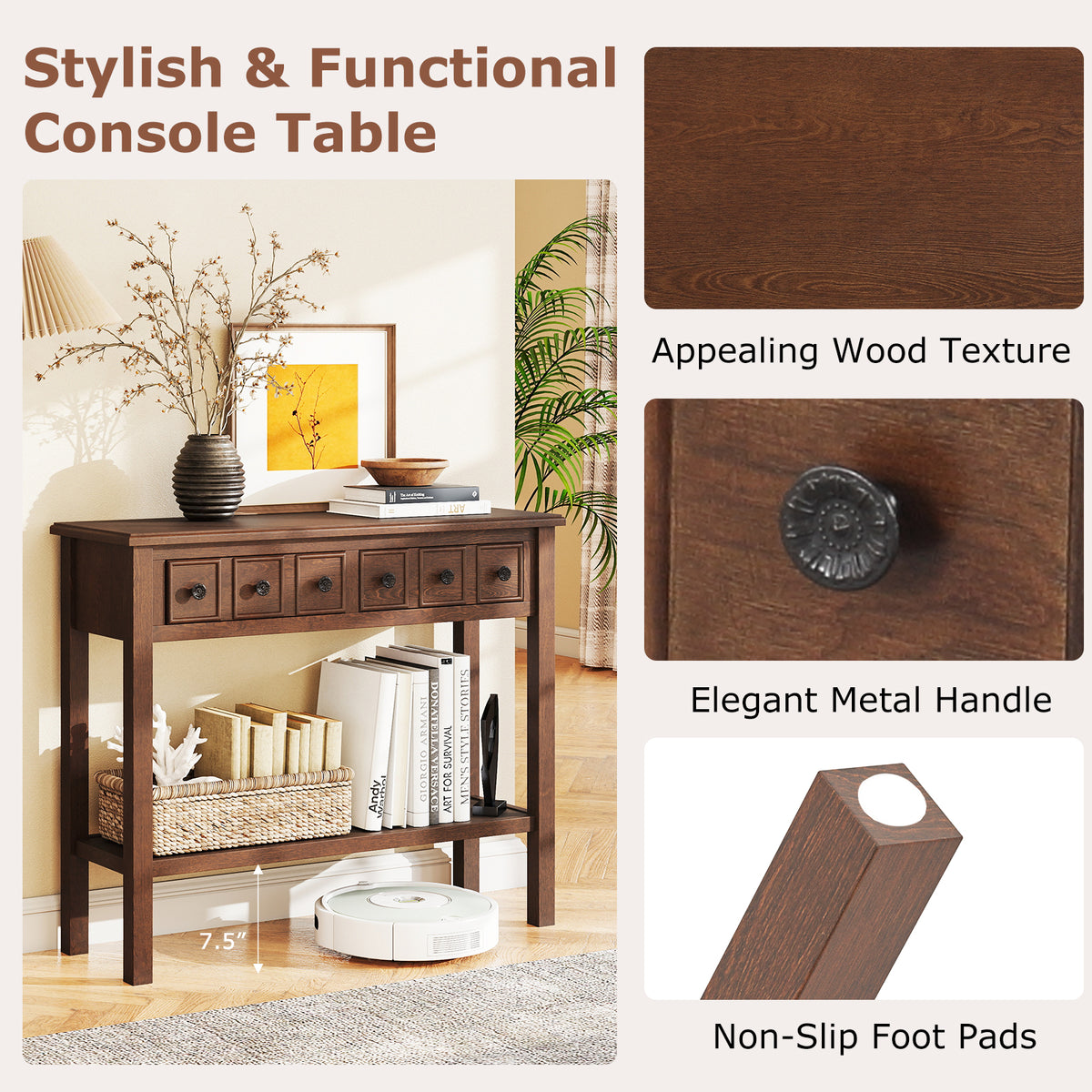 38" Rustic Console Table with 2 Drawers, Espresso