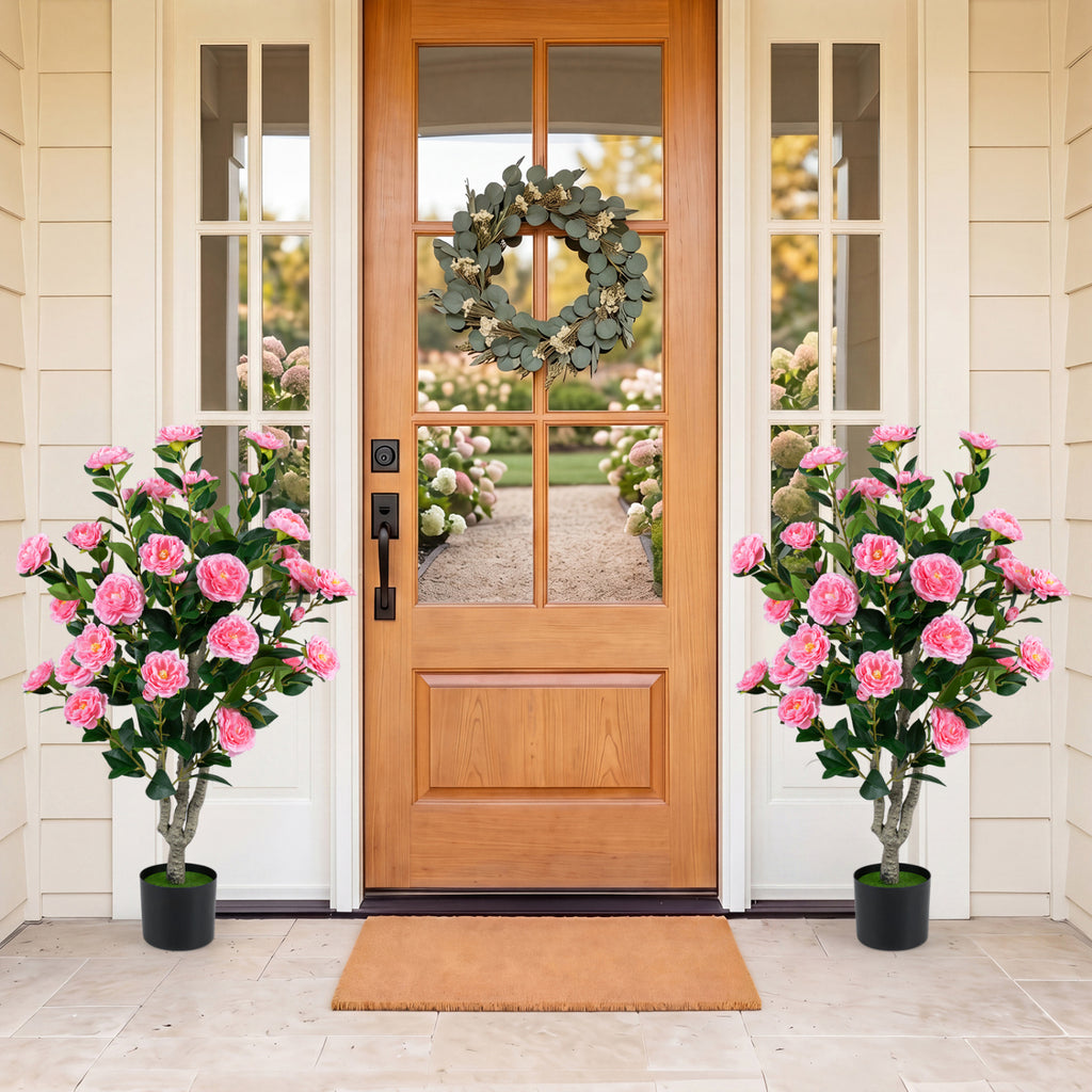 Artificial Camellia Tree Set of 2 39.5 Inch with Orange Blossoms in Cement Pot - Outdoor Decor