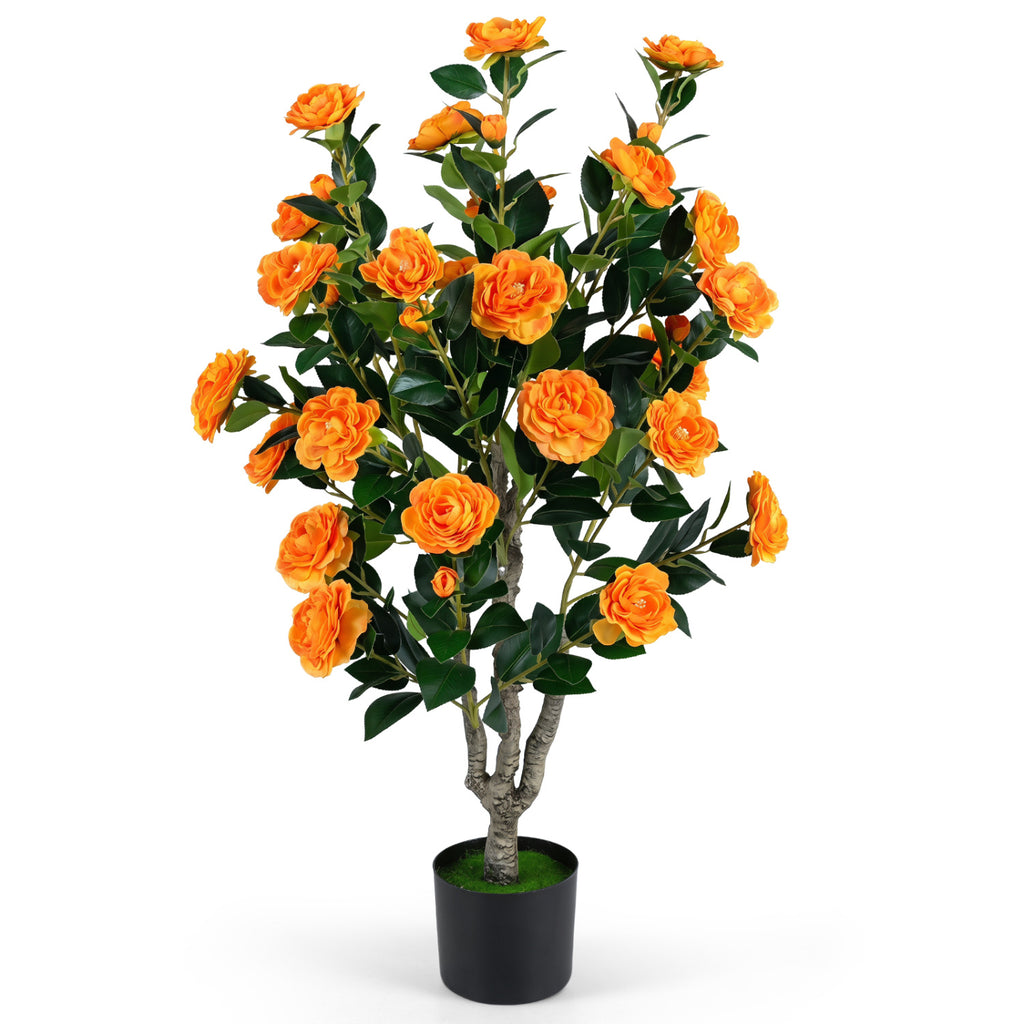 Artificial Camellia Tree with Orange Flowers in Cement Pot - 39.5 Inch, Pack of 1