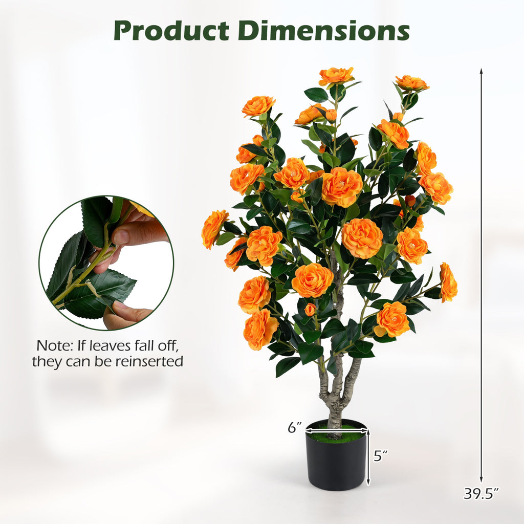 Artificial Camellia Tree with Orange Flowers in Cement Pot - 39.5 Inch, Pack of 1
