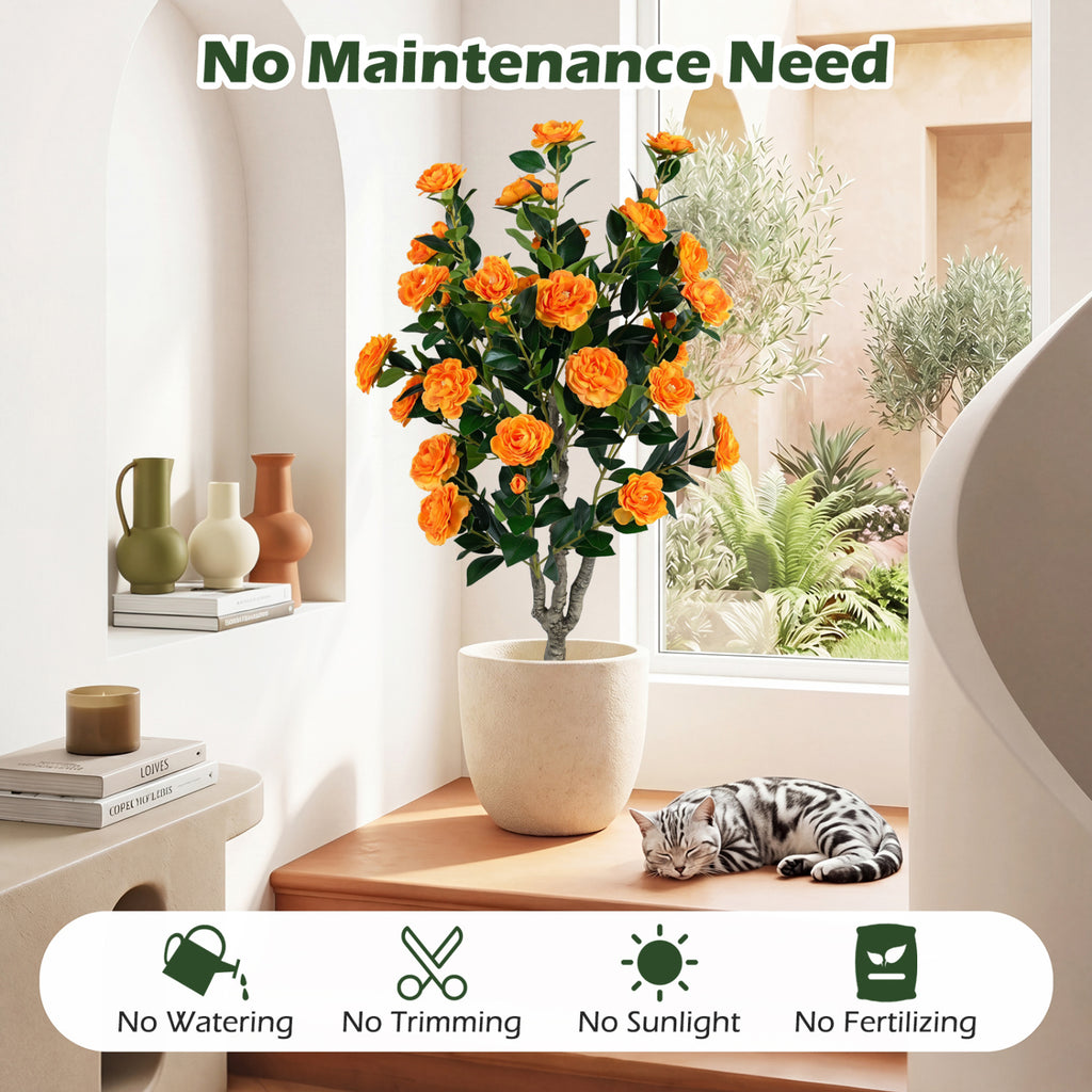 Artificial Camellia Tree with Orange Flowers in Cement Pot - 39.5 Inch, Pack of 1