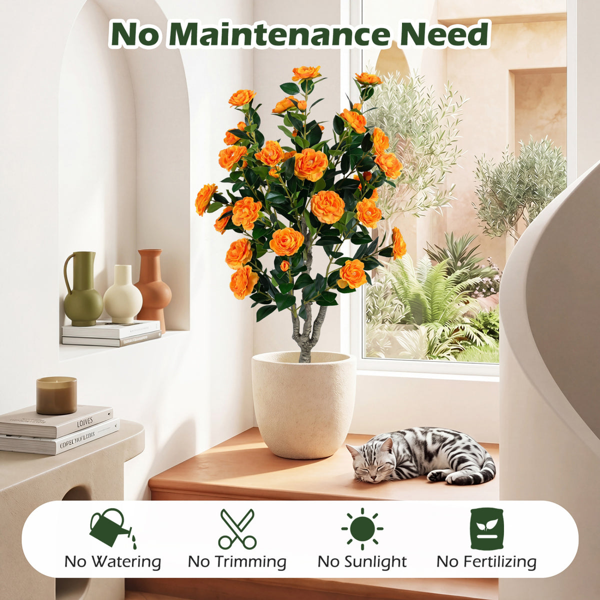 Artificial Camellia Tree with Orange Flowers in Cement Pot - 39.5 Inch, Pack of 1