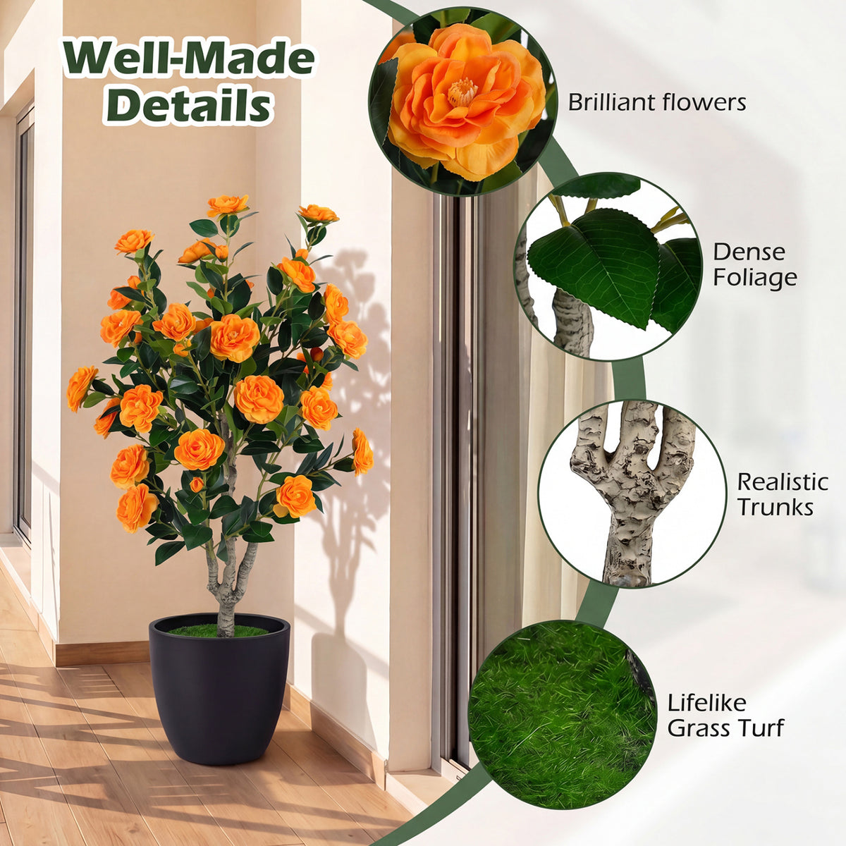 Artificial Camellia Tree with Orange Flowers in Cement Pot - 39.5 Inch, Pack of 1