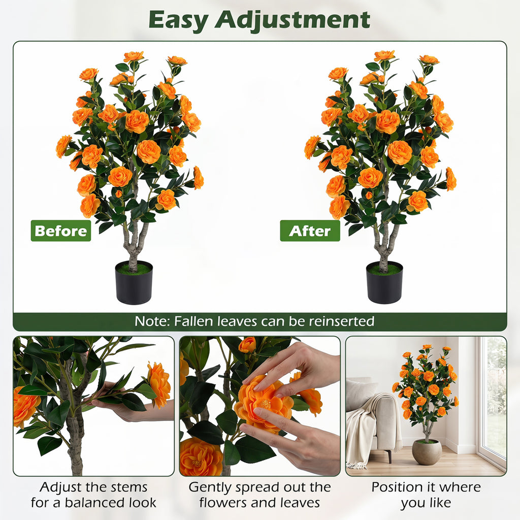 Artificial Camellia Tree with Orange Flowers in Cement Pot - 39.5 Inch, Pack of 1