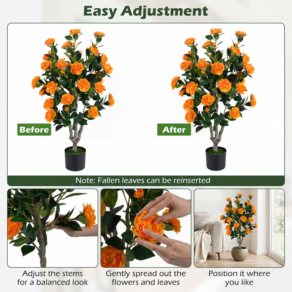 Artificial Camellia Tree with Orange Flowers in Cement Pot - 39.5 Inch, Pack of 1