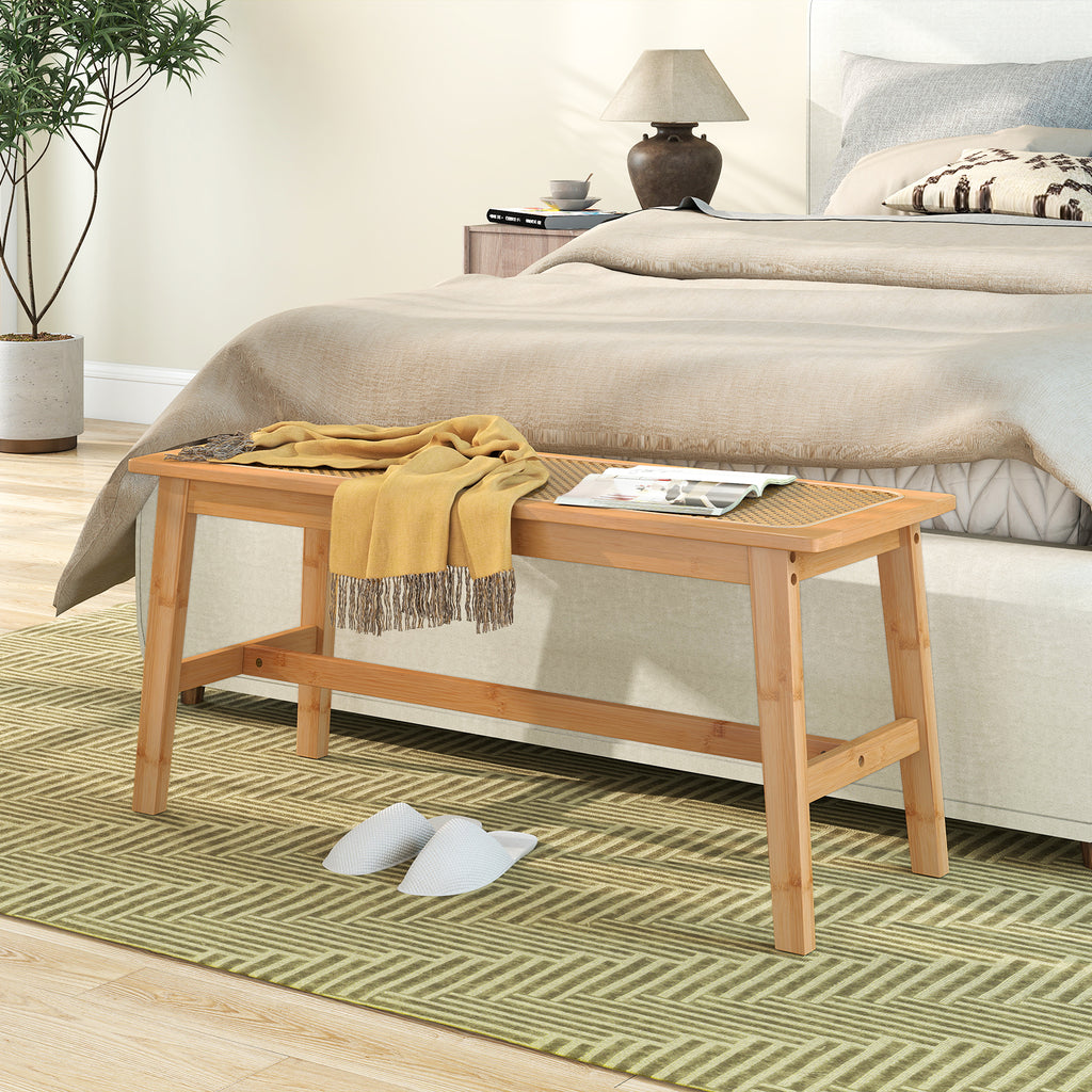 Bamboo Dining Bench with Rattan Seat - 39.5 Inch, Natural