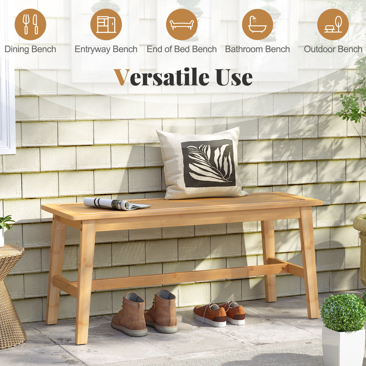 Bamboo Dining Bench with Rattan Seat - 39.5 Inch, Natural