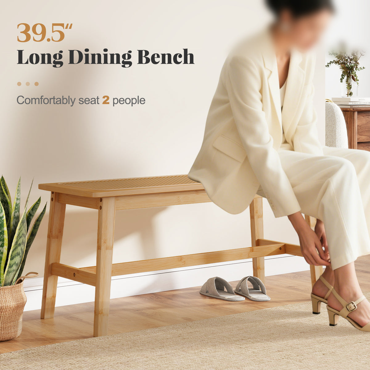 Bamboo Dining Bench with Rattan Seat - 39.5 Inch, Natural