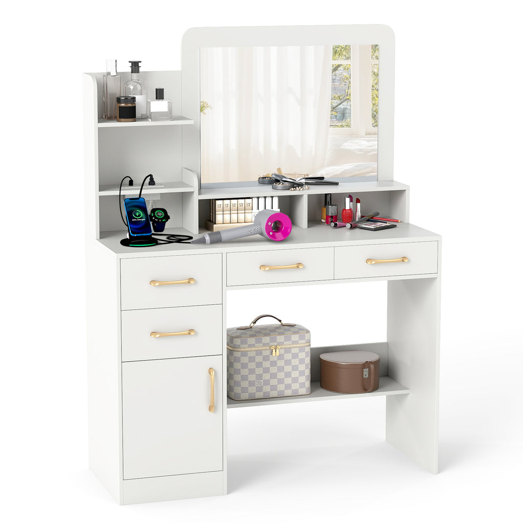 39.5 Inch Vanity Desk with Power Outlets & Mirror - White Variation